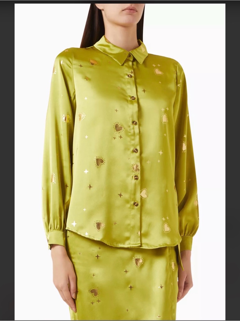 Never Fully Dressed green Gabbie Hearts Shirt satin relaxed blouse size 8